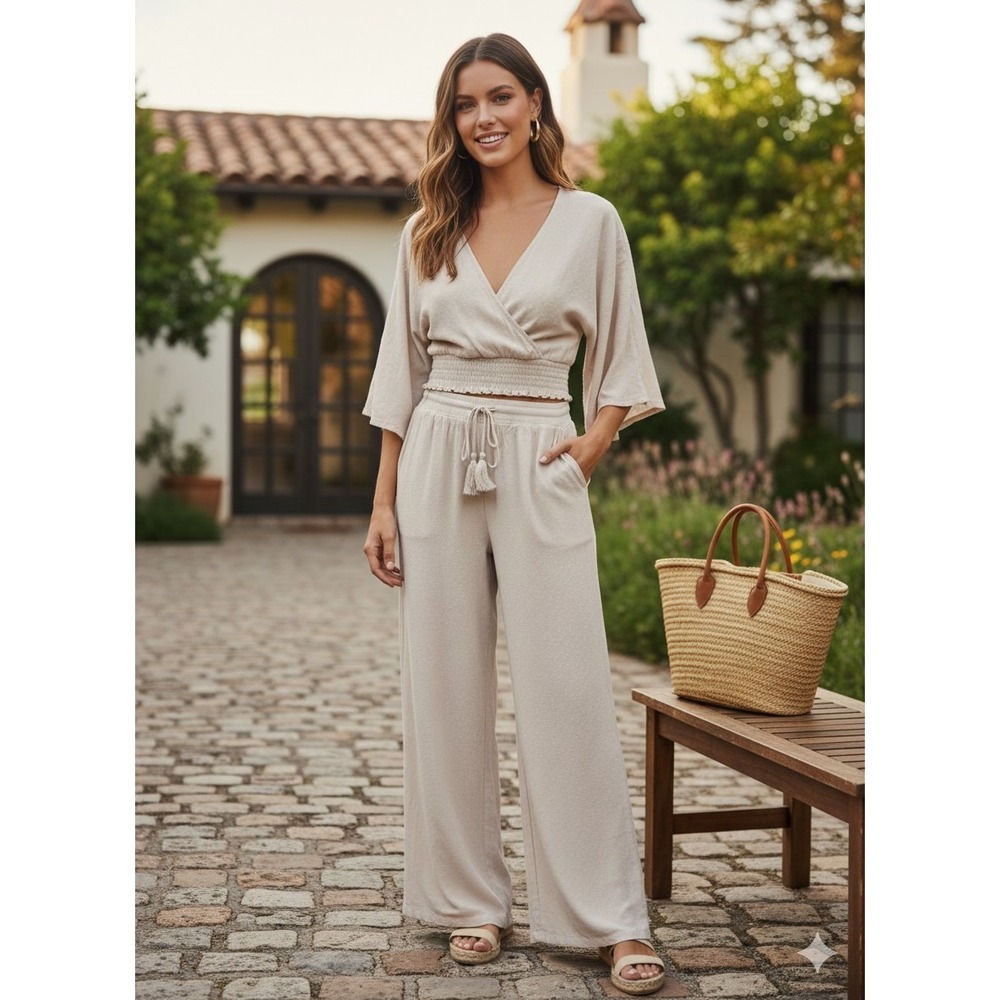 Lulus cream Hit the Breeze set L beige L20D2100 smocked wide leg boho